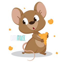 Obraz na płótnie Canvas Cute vector mouse character in cartoon style. The mouse hides a piece of cheese. Postcard. Children's poster. Children's print.