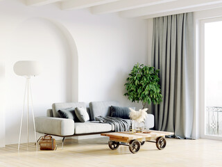 Modern beautiful interior of the room with light walls, large windows and stylish furniture. Bright design in Scandinavian style. 3D rendering © Roman King
