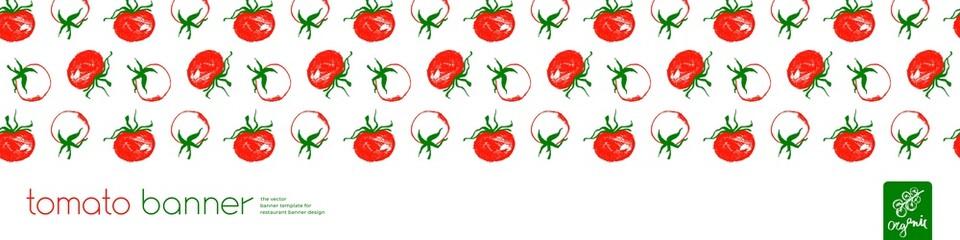 Design of tomato banner template. Organic ingredients for healthy food concept, vegetarian food banner with red tomatoes background, eco store and farmers market. Tomato pattern for ad cooking blog.