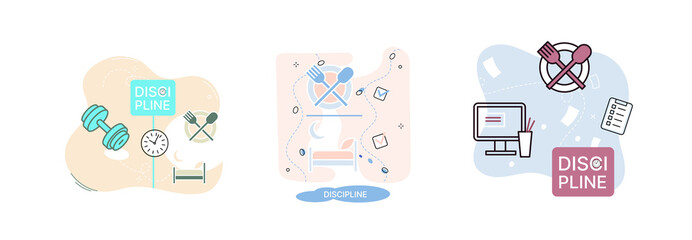 Discipline concept icon. Time management. Working day idea metaphor. Daily affairs of person, indicators of time for work, hobby, study, rest. Fulfillment of planned plans according to regulations
