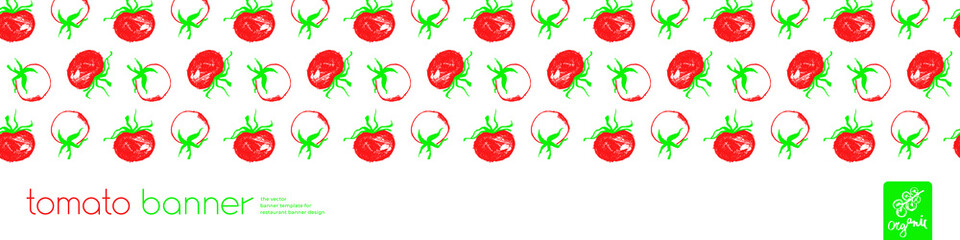 Design of tomato banner template. Organic ingredients for healthy food concept, vegetarian food banner with red tomatoes background, eco store and farmers market. Tomato pattern for ad cooking blog.
