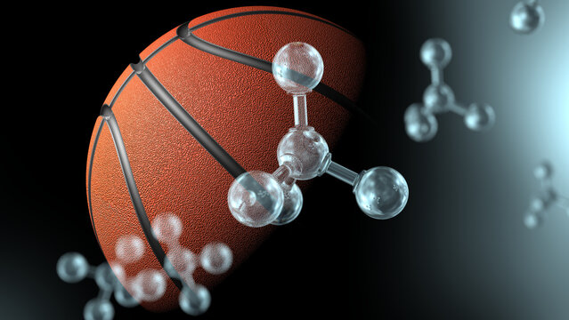 Multi exposer of Brown  Basketball and Clear Molecular structure under black background. Concept image of sports science, sports medicine and sports technology transfer. 3D illustration. 3D CG.