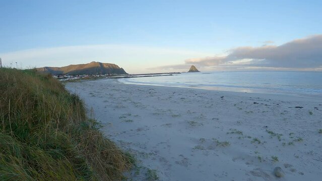 Revealing bleik beach in Autumn colors on Andoya, Northern Norway, Pan shot, Slow Motion