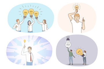 Collection of diverse businesspeople with lightbulbs generate creative innovative business ideas. Set of employees with light bulbs brainstorm make business solution. Vector illustration. 