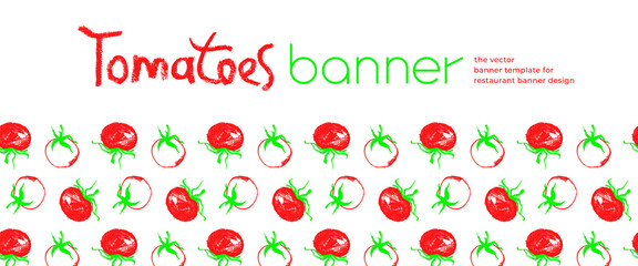 Design of tomato banner template. Organic ingredients for healthy food concept, vegetarian food banner with red tomatoes background, eco store and farmers market. Tomato pattern for ad cooking blog.