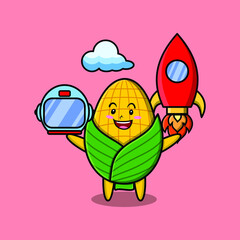 Cute mascot cartoon character Corn as astronaut with rocket, helm, and cloud in cute style for t-shirt, sticker, logo element, poster