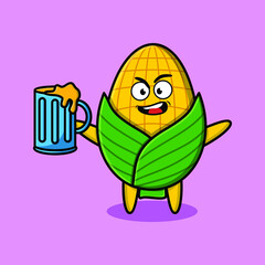 Corn cartoon mascot character with beer glass and cute stylish design for t-shirt, sticker, logo elements