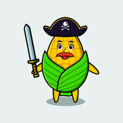 Cute cartoon mascot character corn pirate with hat and holding sword in modern design for t shirt, sticker, logo element