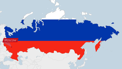 Russia map highlighted in Russia flag colors and pin of country capital Moscow.