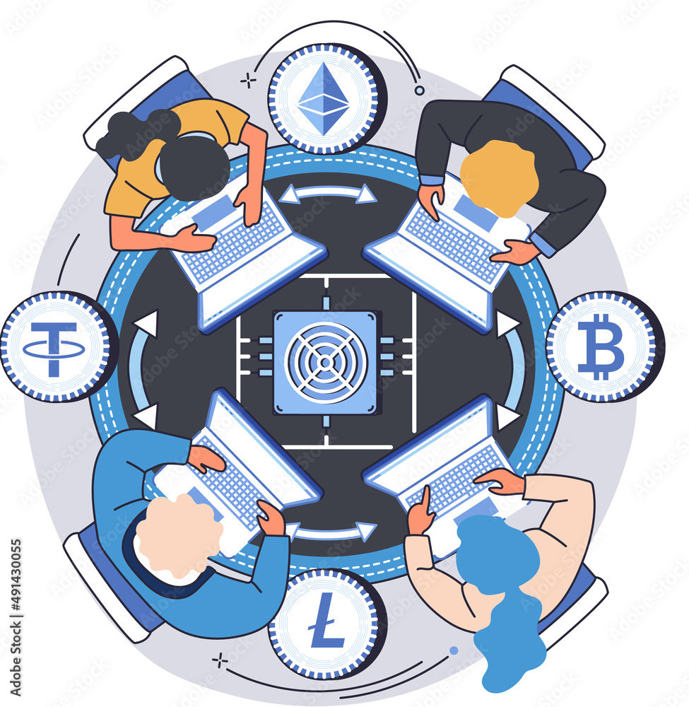Poster Colleagues discuss cryptocurrency market analytics. Investment in internet currency and blockchain technology. Employees work in mining and exchange of digital money on trading platform, marketplace