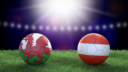 Fototapeta premium Two soccer balls in flags colors on stadium blurred background. Wales vs Austria. 3d image