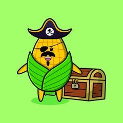Cute cartoon character Corn pirate with treasure box in modern style design for t-shirt, sticker logo element