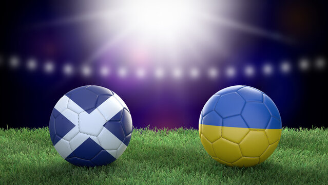 Two soccer balls in flags colors on stadium blurred background. Scotland vs Ukraine. 3d image