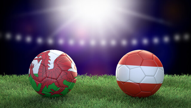 Two soccer balls in flags colors on stadium blurred background. Wales vs Austria. 3d image