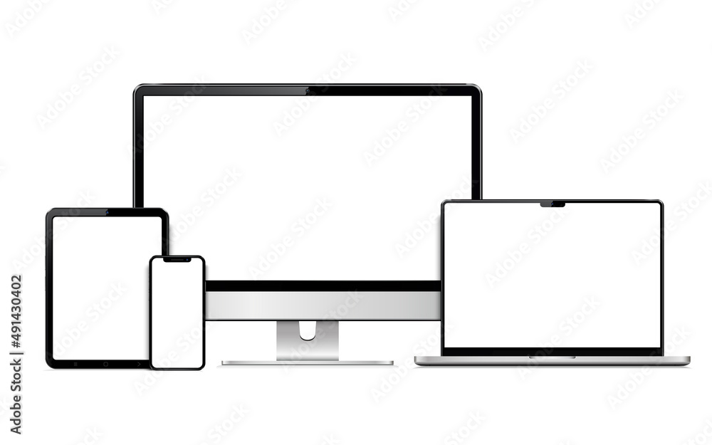Poster responsive web design computer display, laptop, tablet pc with smartphone