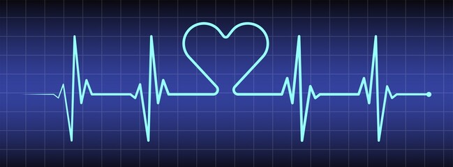 Blue ecg, ekg monitor with line art cardio diagnosis, heartbeat and heart. Heart rhythm line vector design to use in healhcare, healthy lifestyle, medicine and ekg, ecg concept illustration projects.
