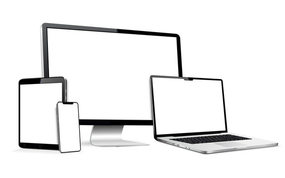 Realistic monitor computer, laptop, tablet, smartphone. Modern digital devices.