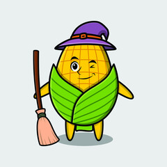 Cute cartoon witch shaped corn character with hat and broomstick cute modern stylish design for t-shirt, sticker, logo elements