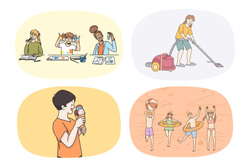 Set of happy little children have fun enjoy leisure time with friends. Collection of smiling small teen kids play and do domestic chores, relax and entertain. Childhood lifestyle. Vector illustration.