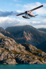 Fototapeta na wymiar Seaplane Aircraft Flying over the Pacific Ocean Coast. Cloudy morning Colorful Sky. 3d Rendering Adventure Dream Concept Artwork. Background Nature Image from Glacier Bay National Park, Alaska.