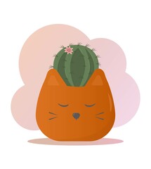Cute flower pot in the form of a cat. Cactus in a pot. Vector illustration