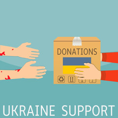 Ukraine support. Donation box passed from hand to hand. Flat design illustration.