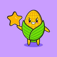 Cute cartoon corn character holding big golden star in cute modern style design for t-shirt, sticker, logo element