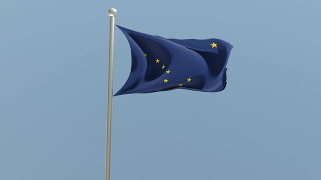Alaska flag on flagpole. AK flag fluttering in the wind.	