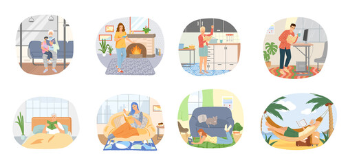 Reading people flat character set with books magazines literature isolated vector illustration. Young male and female readers dressed in trendy clothes relaxing at home with books or textbooks