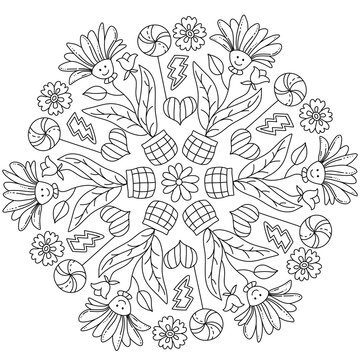 Positive, groovy Mandala colouring. Hand drawn coloring page for kids and adults. Beautiful drawing with patterns and small details. Coloring book pictures. Botany, flowers, herbs, leaves