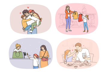 Collection of happy loving young parents have fun spend weekend time with small children. Set of smiling mom and dad enjoy days with little kids. Family unity and parenthood. Vector illustration. 