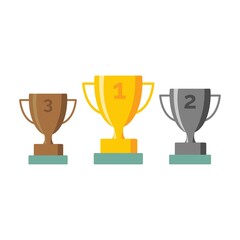 Trophy cups, gold, silver, bronze award colored line icons set. Isolated on white. Flat style simple 1, 2, 3 place symbol for: illustration, logo, mobile, app, design, web, dev, ui, gui. Vector EPS 10