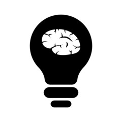Silhouette of a brain in a light bulb, an illustration of an idea and a mental process. Icon symbol of idea and imagination. Isolated on white background. Vector graphic