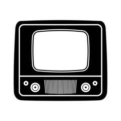 Silhouette drawing of a retro TV, old TV icon in black, vintage television with a blank screen. Isolated on white background. Vector illustration