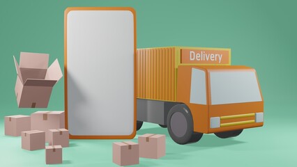 3D rendering shopping online and logistic concept. Smartphone with box and delivery truck.
