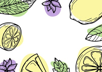 Beautiful background with lemons, flowers, leave. Hand-drawn vector illustration of fruits. Banner in the style of engraving. Vintage citrus and botanical design. For poster, prints, wallpaper, covers