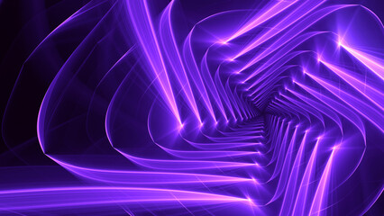 Retro Vaporwave Light Spirals Abstract Fractal Background.Shiny geometric purple pink molten liquid chrome render.Glowing futuristic cyberpunk science fiction backdrop