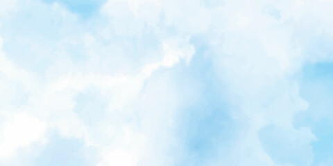 Fototapeta na wymiar Blue sky with white soft clouds watercolor background. 