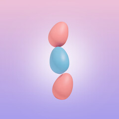 Dreamy pastel concept with blue and pink Easter eggs on bright purple background. Modern, minimal composition.