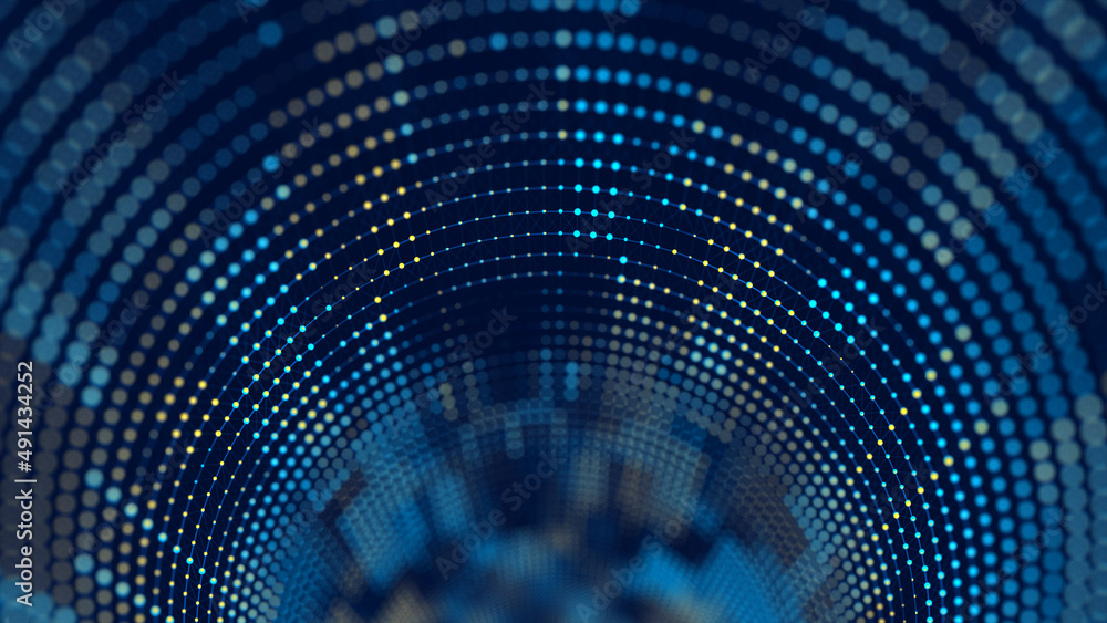 Poster futuristic tunnel. wormhole. digital abstract blue and yellow portal on dark background. big data. s