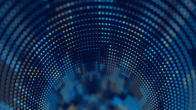 Futuristic tunnel. Wormhole. Digital abstract blue and yellow portal on dark background. Big data. Seamless loop.