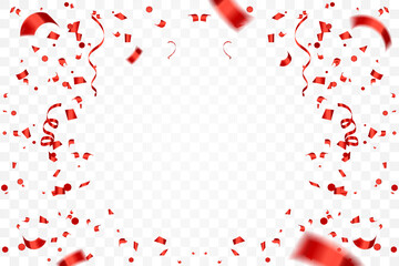 Many Falling Red Tiny Confetti And Ribbons Isolated On Transparent Background. Vector Illustration