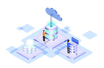 Data center or server room processing data operation with security protection and maintenance with isometric design style - vector