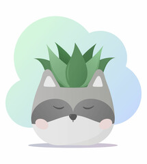 Cute flower pot in the form of a raccoon. Cactus in a pot. Vector illustration