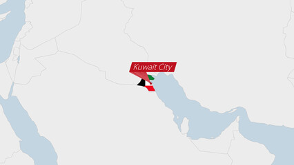 Kuwait map highlighted in Kuwait flag colors and pin of country capital Kuwait City.