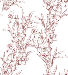 Monochrome sensual seamless pattern with elegant daffodil on white. Pastel floral botanical design for textile, apparel fabric, wallpaper, wadding invitation.