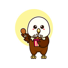 happy bald eagle eat chicken drumstick adorable cartoon doodle vector illustration flat design style