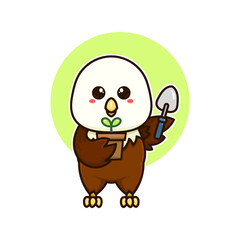 happy bald eagle and plant tree nature adorable cartoon doodle vector illustration flat design style
