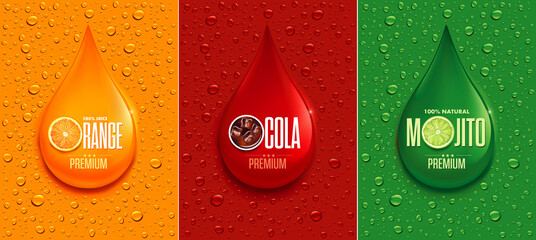 Orange, cola, mojito banner with big drop and lot of fresh drops - 491435274