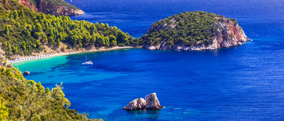 Amazing nature and sea scenery of Greece. Skopelos island, Sporades. View of Stafilos bay and beach
